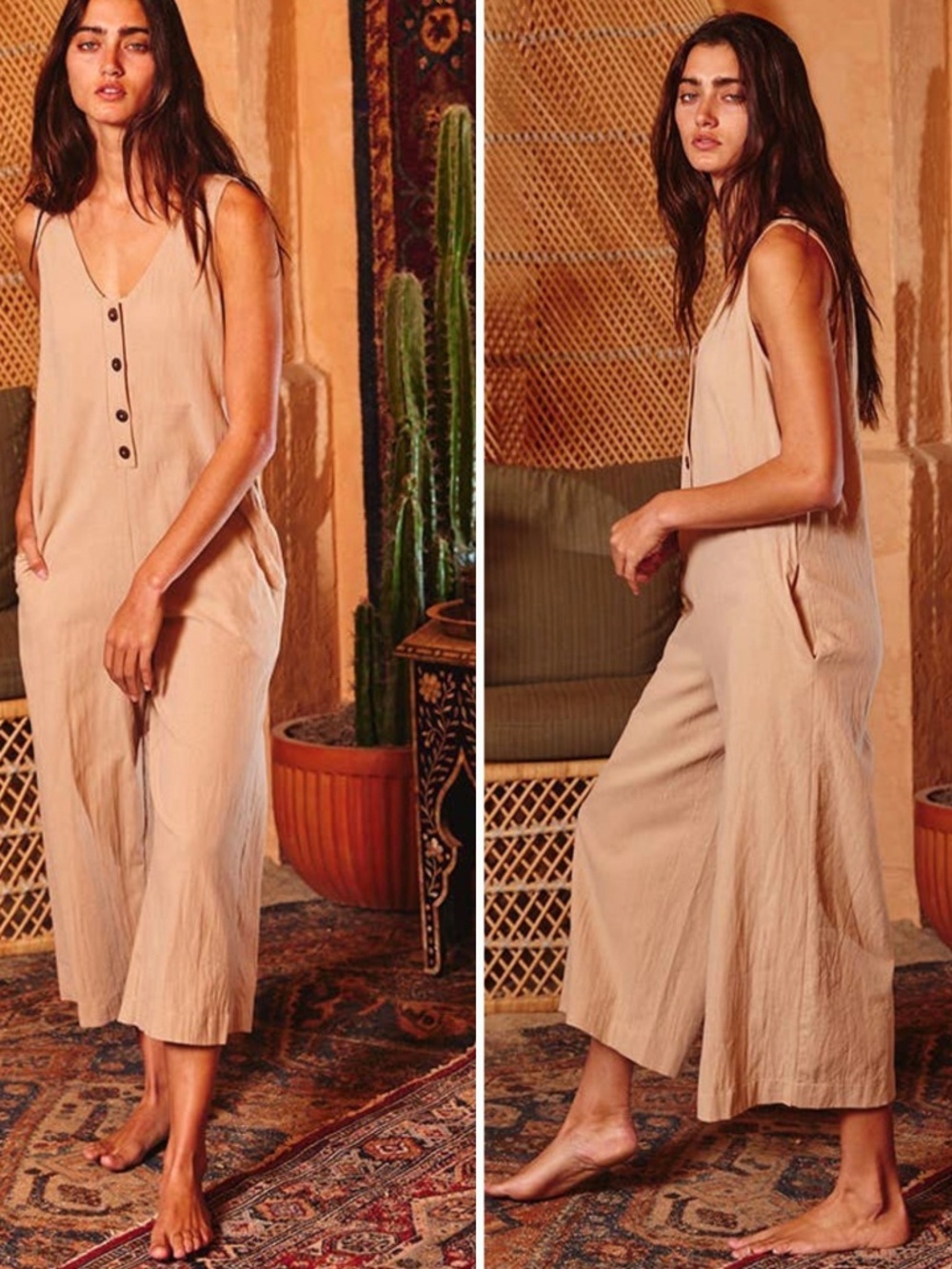 Bucket List Cropped Wide Leg V-neck Button Jumpsuit